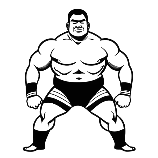 Line art drawing of a large wrestler, representing Yokozuna, in a ring with a Japanese flag in the background, on a white background