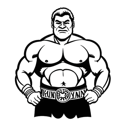 Line art drawing of a large wrestler, representing Yokozuna, holding an AWA belt with the name 'Kokina Maximus' on it, on a white background