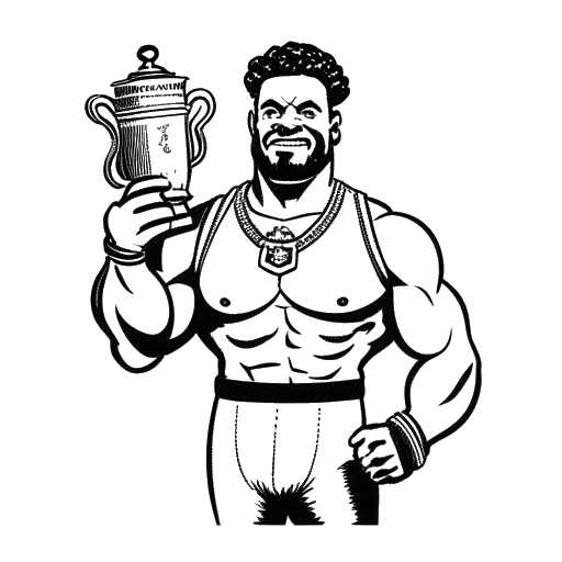 Line art drawing of a large wrestler, representing Yokozuna, holding a Royal Rumble trophy with the number '27' on it, on a white background