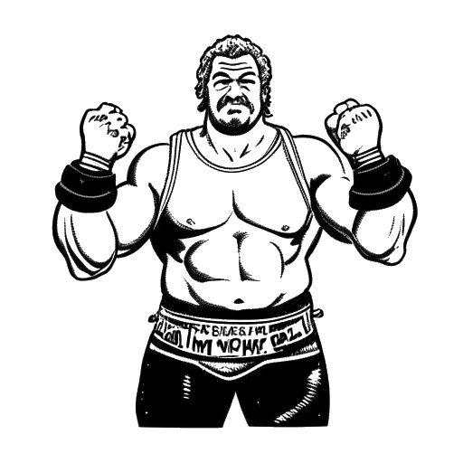 Line art drawing of a large wrestler, representing Yokozuna, holding two WWF World Heavyweight belts and two WWF Tag Team belts, on a white background