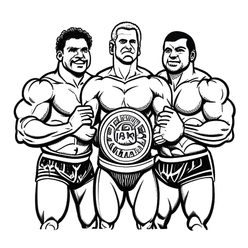 Lijntekening van drie grote worstelaars, die Yokozuna, Fatu en Samoan Savage vertegenwoordigen, die een UWA World Trios Championship-riem vasthouden, op een witte achtergrond