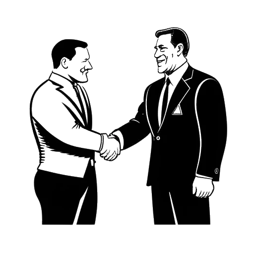 Line art drawing of a large wrestler, representing Yokozuna, shaking hands with a man, representing Vince McMahon, with 'Impressed' written above them, on a white background