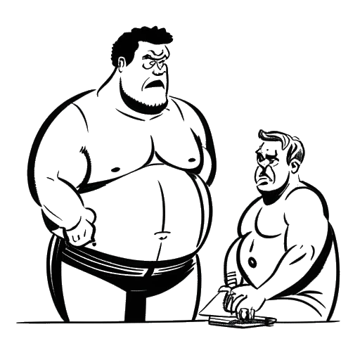 Line art drawing of a large wrestler, representing Yokozuna, looking concerned with a doctor's scale in the background, on a white background