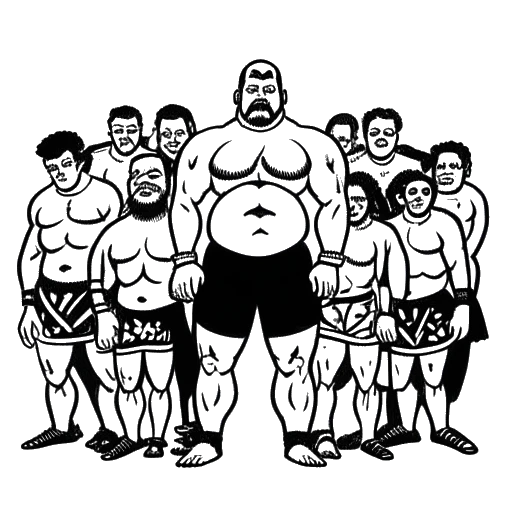 Lijntekening van een grote worstelaar, die Yokozuna vertegenwoordigt, staand met een groep Samoaanse worstelaars, die The Samoans vertegenwoordigen, met 'WWF' boven hen geschreven, op een witte achtergrond