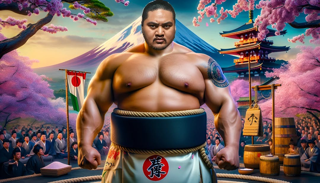 Yokozuna, attired in ceremonial sumo gear with Mount Fuji and cherry blossoms in the background, gazing fiercely at the viewer, accompanied by a manager waving a Japanese flag and holding a bucket of salt in a wrestling ring.