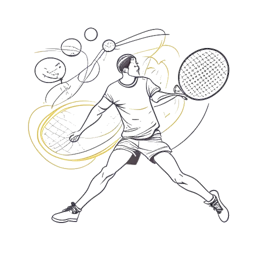 Einzeilige Zeichnung eines sportlichen Mannes, der Laserluca darstellt, aktiv in einem Paddeltennisspiel engagiert, umgeben von verschiedenen Sportgeräten, was seine vielseitigen sportlichen Interessen verdeutlicht, auf einem weißen Hintergrund.