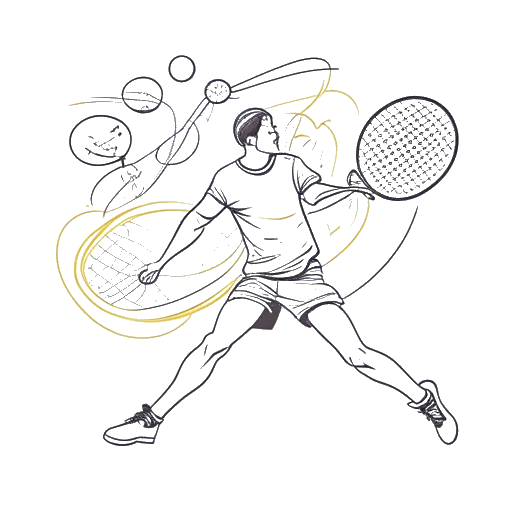 Einzeilige Zeichnung eines sportlichen Mannes, der Laserluca darstellt, aktiv in einem Paddeltennisspiel engagiert, umgeben von verschiedenen Sportgeräten, was seine vielseitigen sportlichen Interessen verdeutlicht, auf einem weißen Hintergrund.