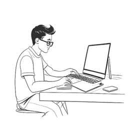 Strichzeichnung eines Mannes, der Laserluca darstellt, wie er ein großes Buch studiert und gleichzeitig ein Video bearbeitet, vor einem weißen Hintergrund.