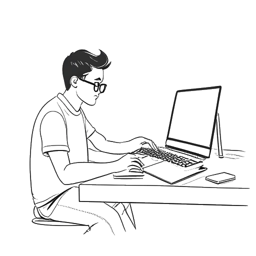 Strichzeichnung eines Mannes, der Laserluca darstellt, wie er ein großes Buch studiert und gleichzeitig ein Video bearbeitet, vor einem weißen Hintergrund.