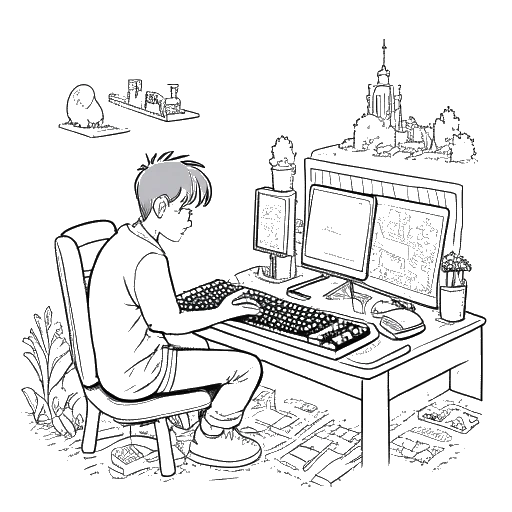 Einzeilige Kunst eines Teenagers, der den jungen Laserluca darstellt, vertieft in das Spielen von Minecraft, umgeben von digitalen Landschaften vor einem weißen Hintergrund.