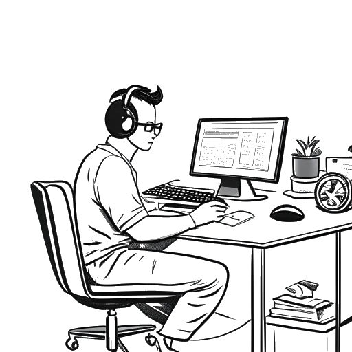 Strichzeichnung eines Mannes, symbolisiert Laserluca, leger gekleidet, interagiert mit einem Computerbildschirm, der Spielinhalte anzeigt, ein Mikrofon deutet auf Podcast-Beteiligung hin, und Bücher repräsentieren seine Autorenschaft, alles vor einem weißen Hintergrund.