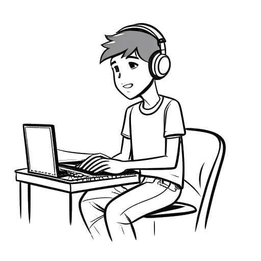 Strichzeichnung eines jungen Mannes, der Laserluca darstellt, mit müden Augen, ein Mikrofon haltend und vor einem Computer sitzend, mit einem Minecraft-Logo