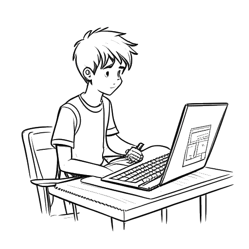 Strichzeichnung eines jungen Mannes, der Laserluca darstellt, der einen Bleistift und ein Skizzenbuch hält und auf einen Computerbildschirm mit einem Minecraft-Video schaut