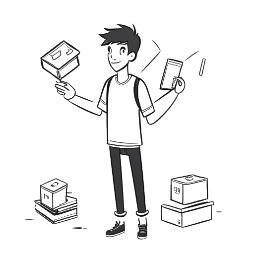 Strichzeichnung eines jungen Mannes, der Laserluca darstellt, der Bücher und eine Videokamera jongliert, im Hintergrund das Minecraft-Logo