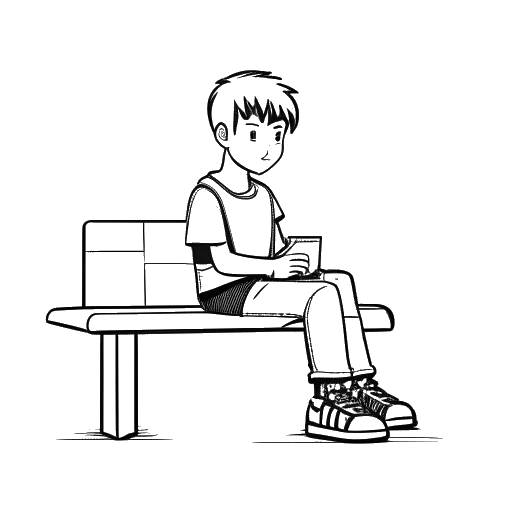 Strichzeichnung eines jungen Mannes, der Laserluca darstellt, der auf einer Bank sitzt und nachdenklich schaut, mit einem Minecraft-Logo und einer Videokamera im Hintergrund