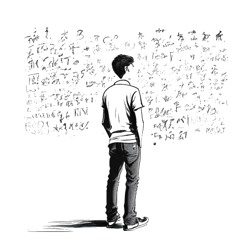 Strichzeichnung eines jungen Mannes, der Laserluca darstellt, der neben einer Tafelwand steht, die mit Unterschriften bedeckt ist