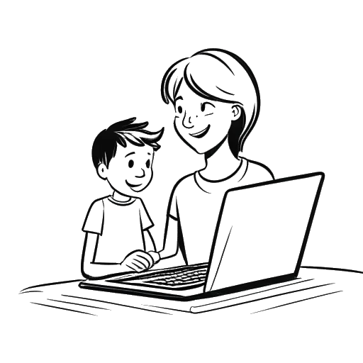 Strichzeichnung eines jungen Mannes, der Laserluca darstellt, der freudig seiner Mutter seinen Laptop zeigt, auf dem ein Minecraft-Video läuft