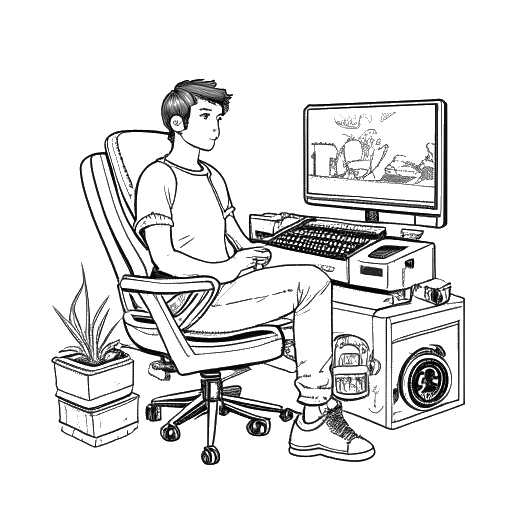 Strichzeichnung eines jungen Mannes, der Laserluca darstellt, der in einem Gaming-Stuhl sitzt, umgeben von Videospielkonsolen, im Hintergrund eine Sauna