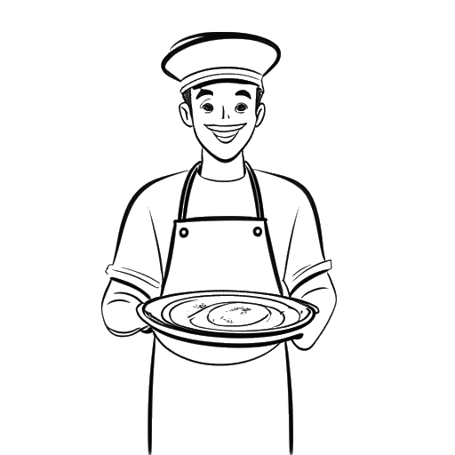 Strichzeichnung eines jungen Mannes, der Laserluca darstellt, mit Kochmütze und Schürze, auf einem Teller Schnitzel und einen Stapel Pfannkuchen haltend