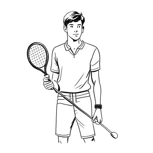 Strichzeichnung eines jungen Mannes, der Laserluca darstellt, der einen Tennisschläger, Fußball und Golfschläger hält