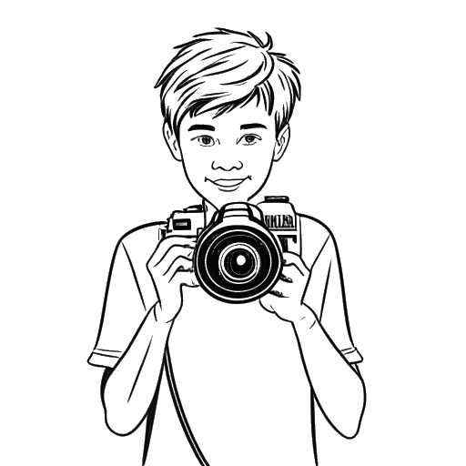 Strichzeichnung eines jungen Mannes, der Laserluca darstellt, mit einem geheimnisvollen Lächeln, eine Videokamera haltend