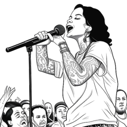 Line art drawing of Kehlani performing on a stage with a cheering crowd in the background.