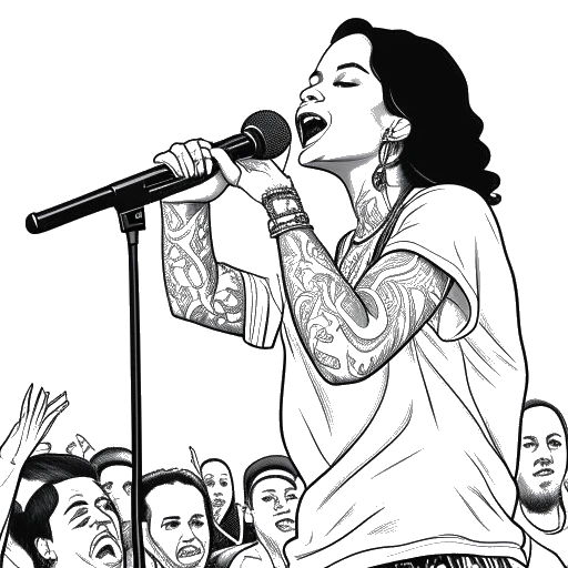 Line art drawing of Kehlani performing on a stage with a cheering crowd in the background.