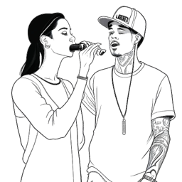 Lijnkunsttekening van Kehlani en Justin Bieber die zij aan zij staan, microfoons vasthoudend en samen zingend.