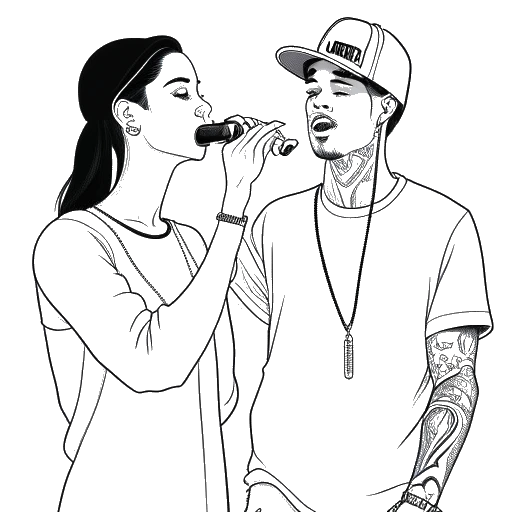 Line art drawing of Kehlani and Justin Bieber standing side by side, holding microphones and singing together.