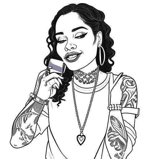 Line art drawing of Kehlani holding a microphone, surrounded by hearts representing love and family.