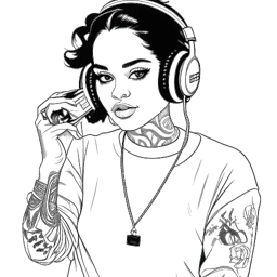Line art drawing of Kehlani holding a mixtape, with music notes swirling around her.