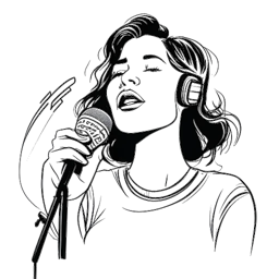 Line art drawing of a young woman representing Kehlani Ashley Parrish, with a determined expression on her face, holding a microphone. Surrounding her are musical notes, all against a white backdrop.