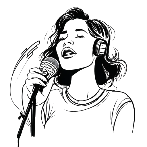 Line art drawing of a young woman representing Kehlani Ashley Parrish, with a determined expression on her face, holding a microphone. Surrounding her are musical notes, all against a white backdrop.