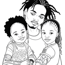 Desenho em arte linear de Kehlani, seu parceiro Javaughn Young-White, e sua filha Adeya Nomi, juntos como uma família amorosa.
