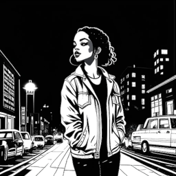 Line art drawing of Kehlani standing alone on a city street at night, with a spotlight shining on her.