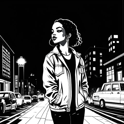 Disegno in arte lineare di Kehlani che si trova da sola in una strada cittadina di notte, con un riflettore puntato su di lei.