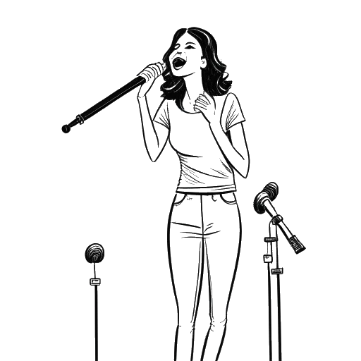A one-line drawing of a woman holding a microphone on a stage, surrounded by floating dollar signs, representing Kehlani's music career and financial success.