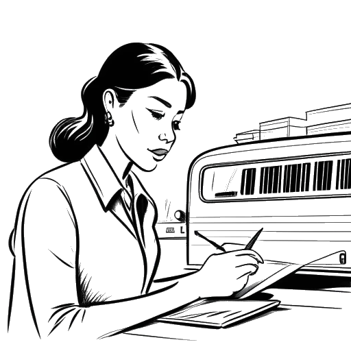 Line art drawing of a woman, representing Kehlani, signing a contract with a microphone and a tour bus in the background.