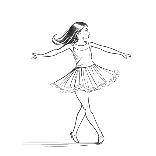 Lijntekening van een meisje, dat Kehlani vertegenwoordigt, die danst in een balletoutfit op het podium.