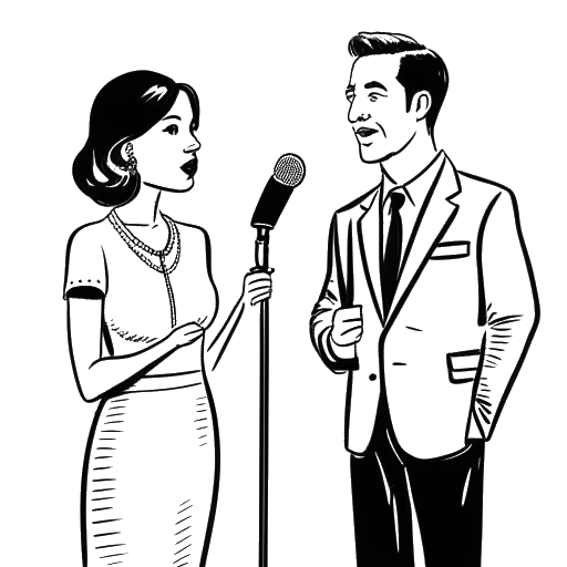 Line art drawing of a woman and a man, representing Kehlani and Justin Bieber, standing side by side and holding microphones.