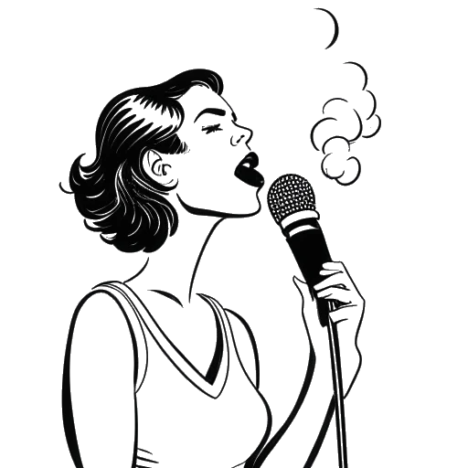 Line art drawing of a woman, representing Kehlani, holding a microphone with a cloud and the number 19 in the background.