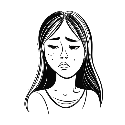 Line art drawing of a girl, representing Kehlani, looking sad with a broken heart.
