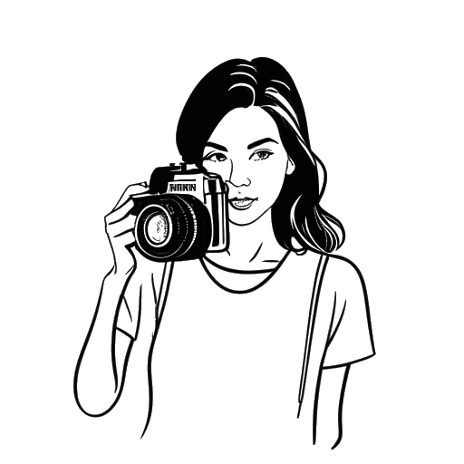 Disegno in stile line art di una donna, che rappresenta Kehlani, con una macchina fotografica in mano.