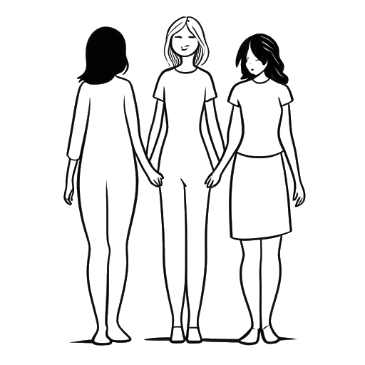 Desenho em arte linear de uma mulher, representando Kehlani, em pé entre duas pessoas e de mãos dadas com ambas.