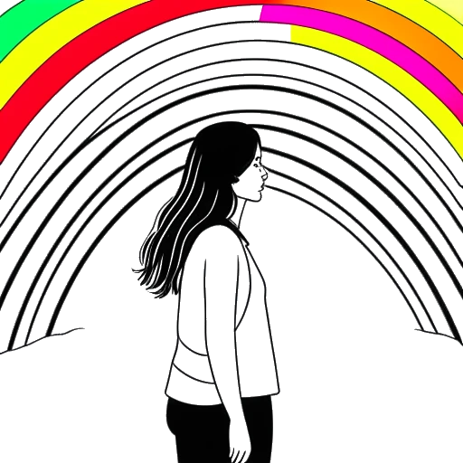 Line art drawing of a woman, representing Kehlani, standing in front of a rainbow background.