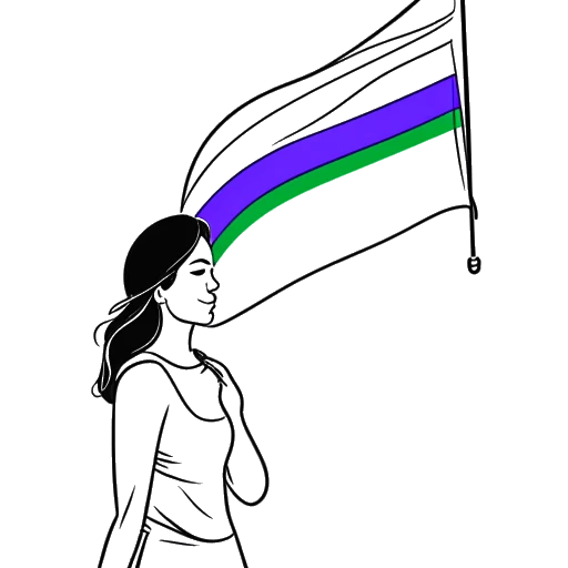 Line art drawing of a woman, representing Kehlani, holding a rainbow flag.