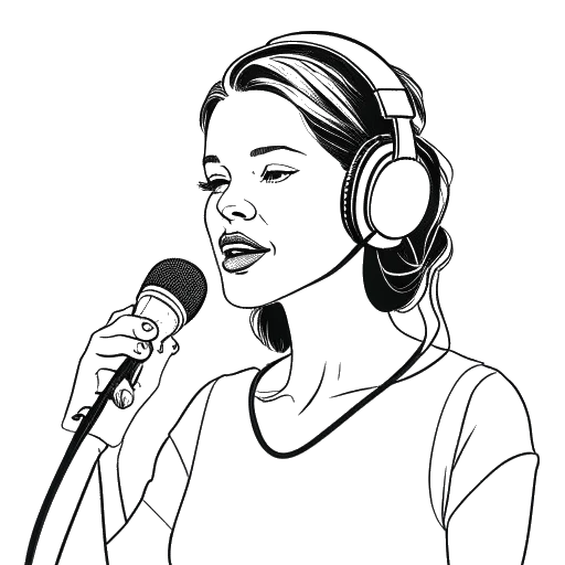 Line art drawing of a woman, representing Kehlani, holding a microphone and wearing headphones.
