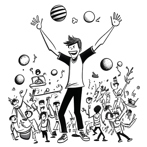 Line art representing a boy, depicting Jack Doherty, gleefully juggling objects symbolic of high-risk pranks while a surrounding crowd epitomizes his YouTube rise, all against a white backdrop.