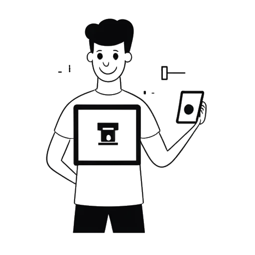 Line art of a young man, capturing the essence of Jack Doherty, holding a YouTube award and property keys, in front of a screen showcasing eCommerce stats, against a white backdrop.