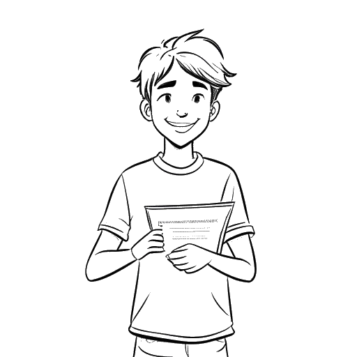 Dibujo de arte lineal de un adolescente, representando a Jack Doherty sosteniendo un gran cheque